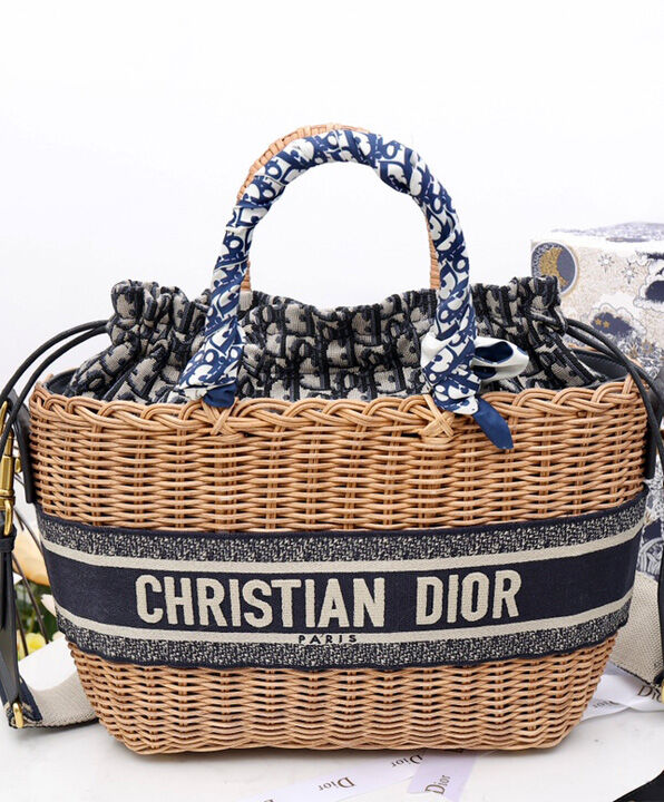 Christian Dior Wicker Basket Canvas with Leather Bag Apricot